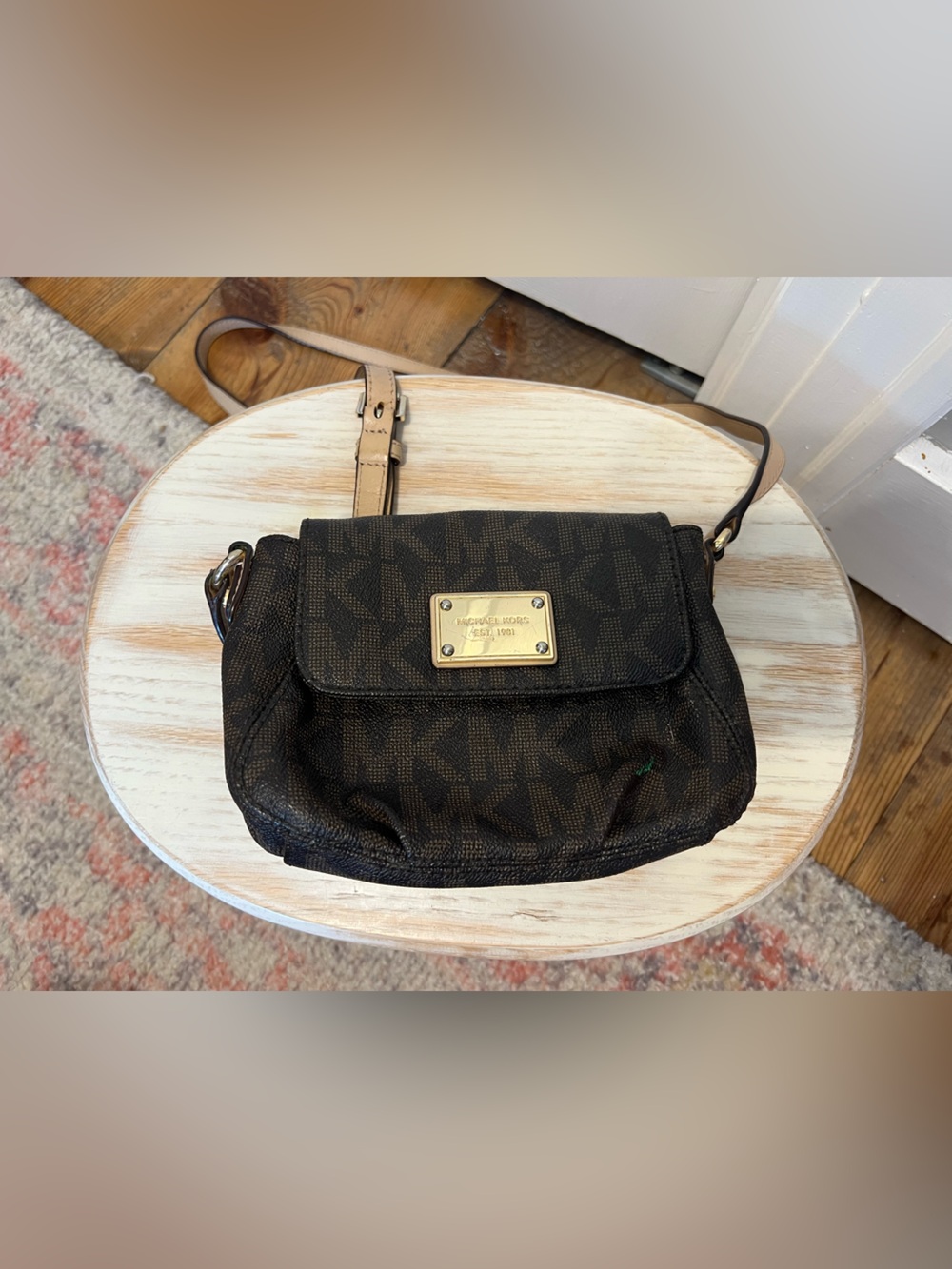 Michael Kors Dark Brown Logo Crossbody with Gold Plate